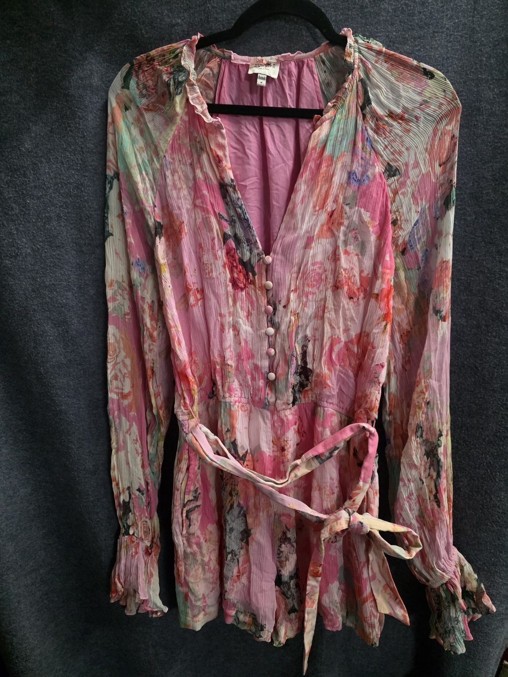 Floral Pink Long-Sleeve Button Front Women's Dress - Picture 7 of 7